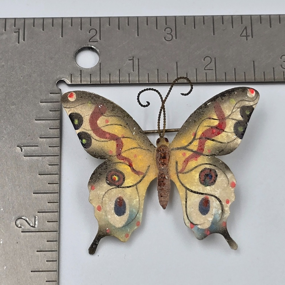 Vintage Sugar Frosted Enamel Butterfly Brooch Pin Gold Tone Korea Signed Flocked - Picture 8 of 9